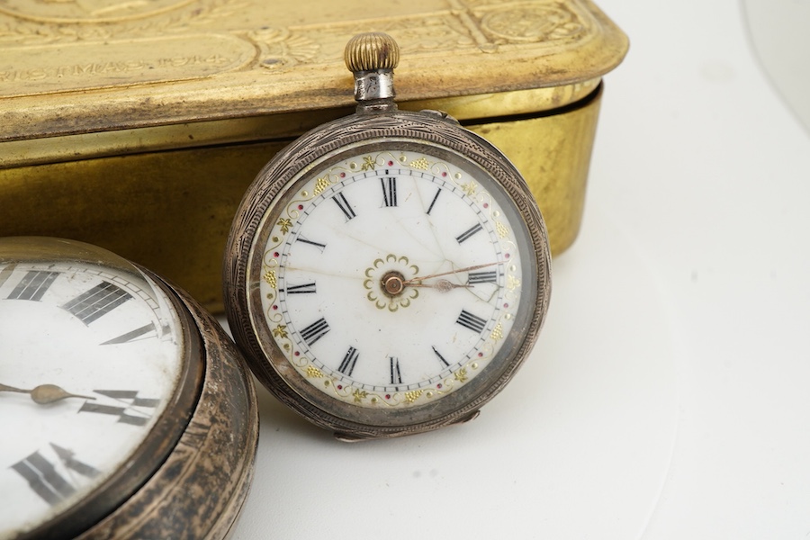 Two silver pocket watches and a 1914 Queen Mary Christmas box, comprising: a case silver pocket watch, London hallmarks, date letter for 1873; and an open-faced silver pocket watch, Swiss assay marks for silver; in a gil